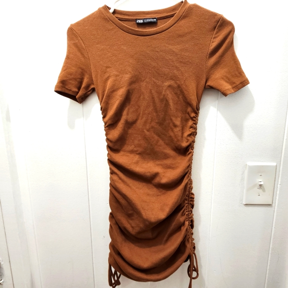 Zara Copper Brown Ribbed Side Tie Short Sleeves Mini Dress Size Small